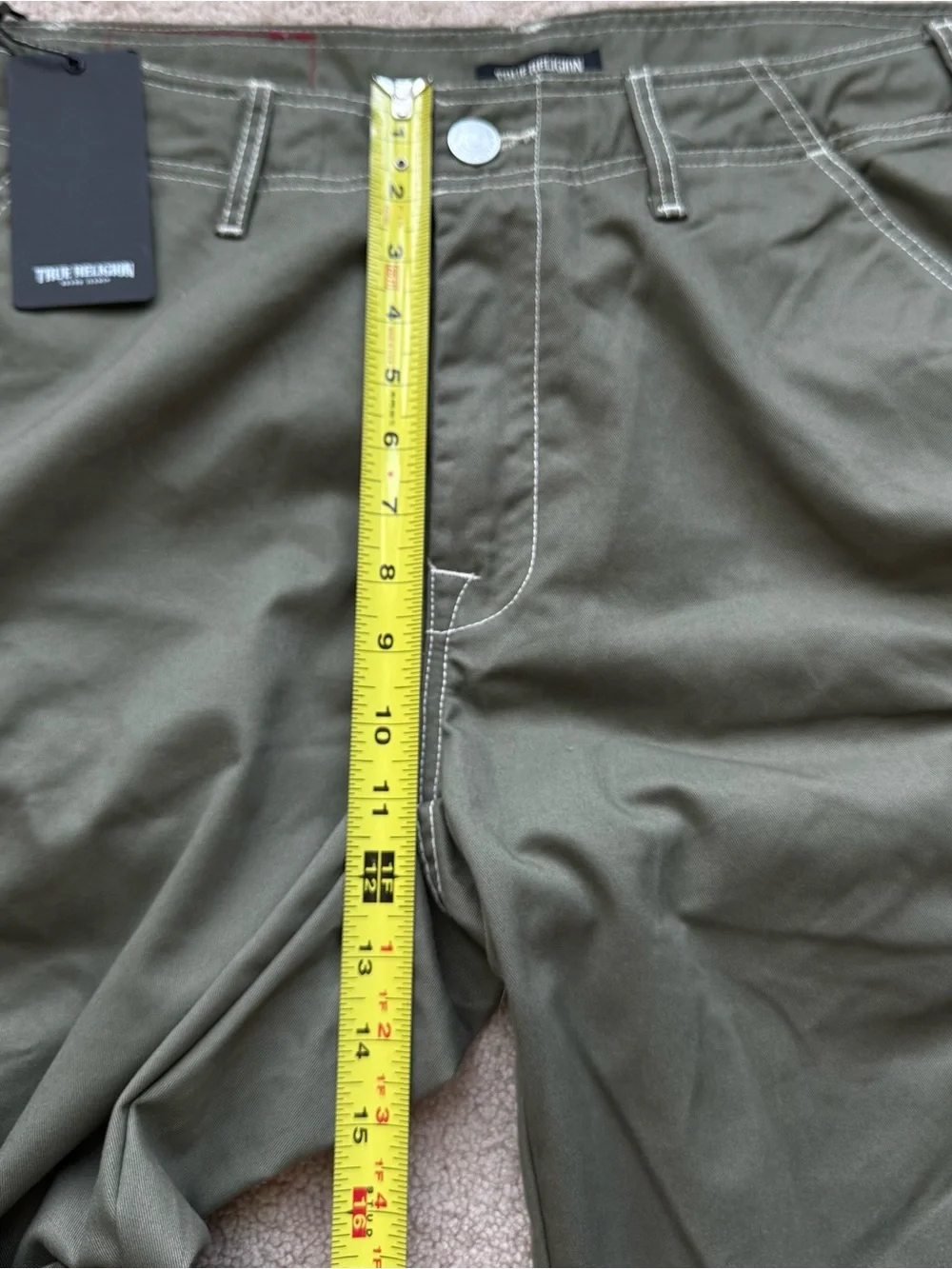 True Religion Mens Cargo Pants Sz 34 fit 38” Olive Green Kalamata White Stitch